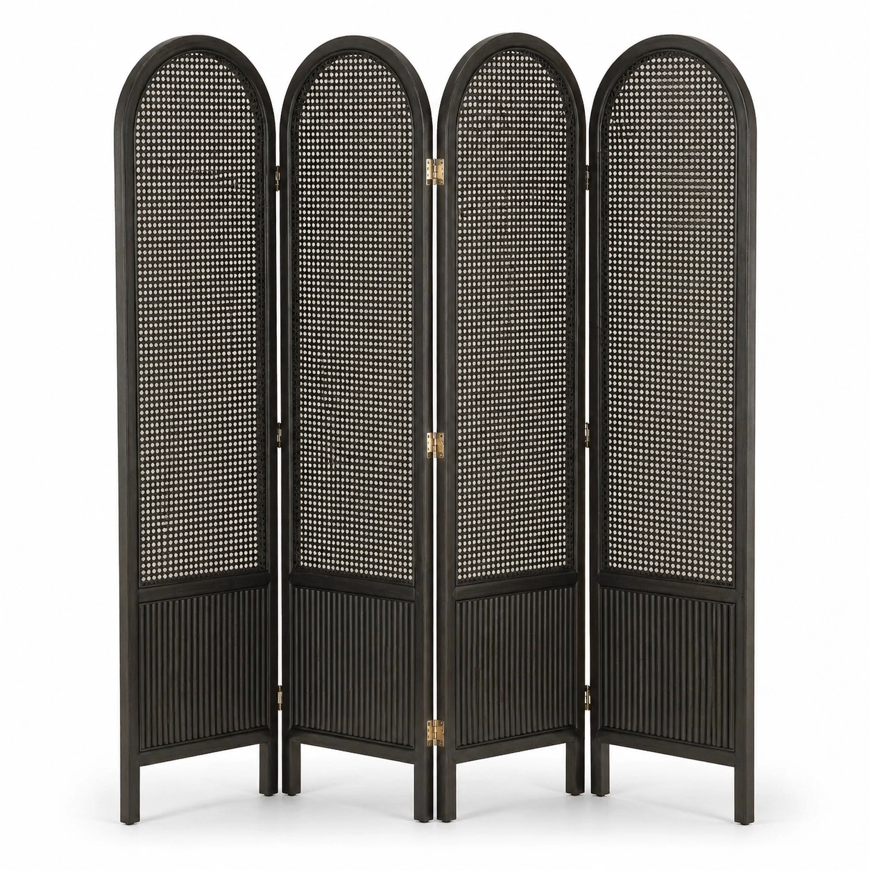 Separador de ambientes plegable de 4 paneles con diseno arqueado y rejilla natural 163x170 cm Negro-orderzivo 